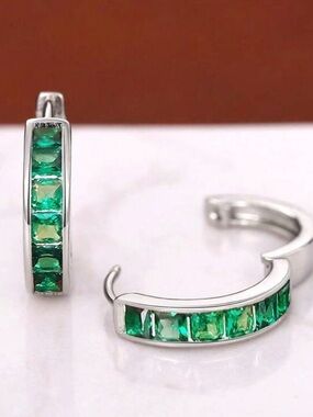 Sterling Silver Hoop Earrings with Emerald Green Channel Stones